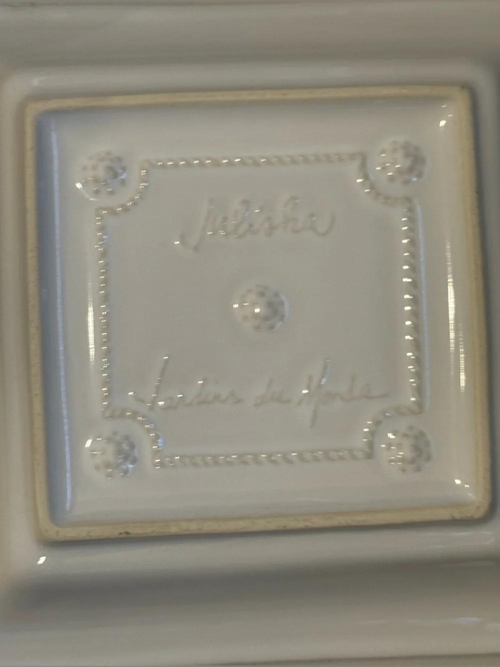 Juliska Cream Ceramic Square Dish with Embossed Floral Rope Motif - Picture 2 of 5